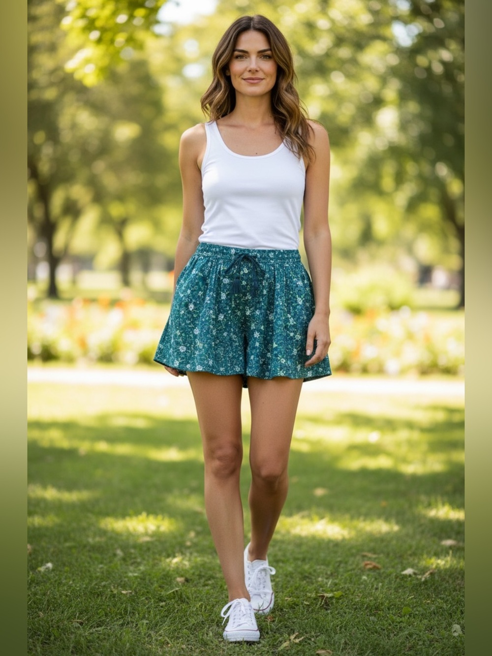 Old Navy Volume Flounce Shorts| Navy Green Floral | Pockets | Size M